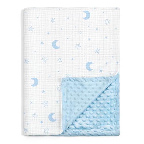Star Moon Baby Blankets for Boys Girls, Soft Nursery Minky Blankets with Muslin and Dotted Fleece Back 30x40 inches, Receiving Bed Quilt for Newborn, Infants, Toddlers