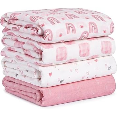 Muslin Swaddle Blankets for Newborn, 4 Pack Cotton Baby Blanket, Large 31.5 x 43.3 Breathable Soft Receiving Blankets Girl, Essentials Swaddle Wrap Burping Clothes, Pink Rainbow