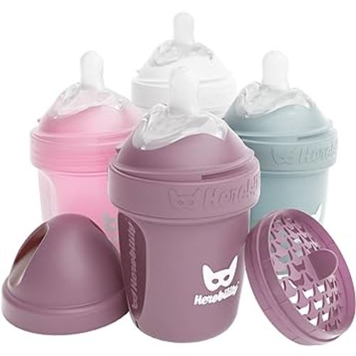 Herobility Double Anti-Colic Baby Bottles – 5 fl oz/140ml – 4-Pack – Multicolor – White, Gray, Pink, Hawthorn Rose