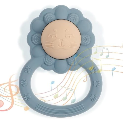 Rattle Teether, Lion Shape Montessori Baby Sensory Teething Toys, Food Grade Silicone BPA Free, Newborn Essentials Must Haves (Shifting Sand Sage)