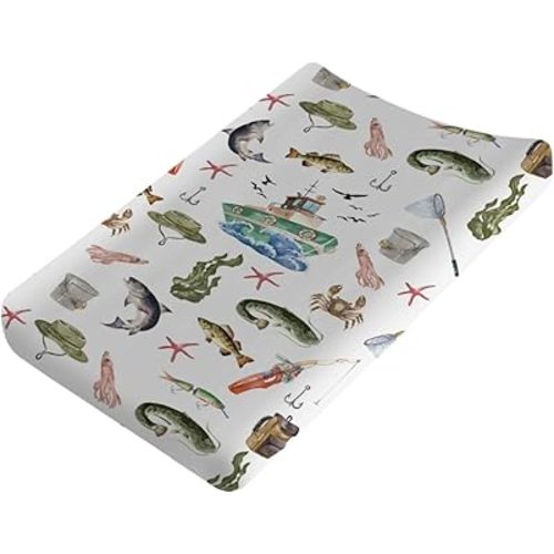 Watercolor Ocean Boat Fishing Baby Changing Pad Cover for Boy Girl 32''x16'' Fishing Lovers Gift Unisex Fitted Diaper Change Table Sheets Sea Marine Fishing Soft Breathable Nursery Changing Table Mat