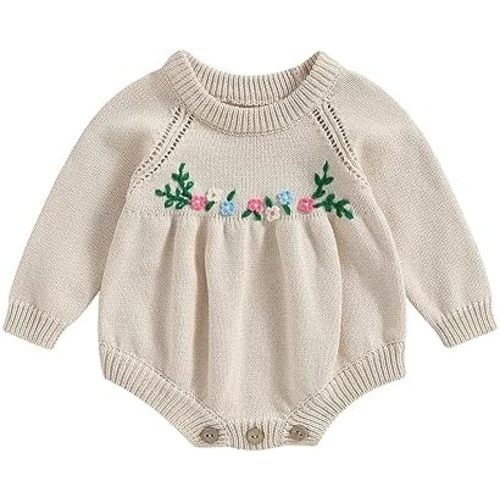 Baby Girl Knitted Romper Sweater Long Sleeve Knit Embroidery Floral One Piece Bodysuits Warm Fall Winter Clothes