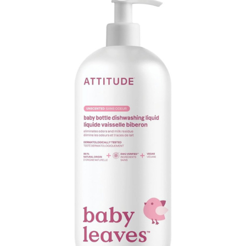 ATTITUDE Baby Dish Soap and Bottle Cleaner, EWG Verified Dishwashing Liquid, No Added Dyes or Fragrances, Tough on Milk Residue and Grease, Vegan, Unscented, 33.8 Fl Oz
