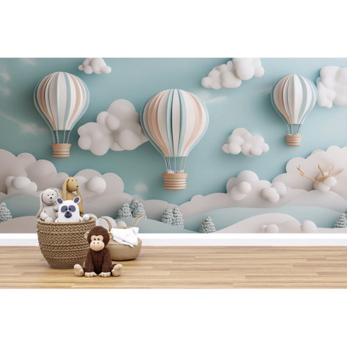 Winston Porter 3D Paper Art Hot Air Balloons Wallpaper – Soft Pastel Cloudy Sky Kids Mural, Whimsical Nursery Wall Art, Cartoon Balloon Landscape Decoration | Wayfair