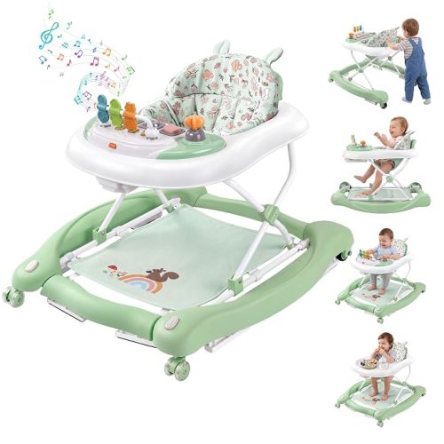 5 in 1 Foldable Baby Walker with Wheels, Music and Lights Bouncer Combo, Rocker, Activity Center for Baby Boys Girls, Adjustable Speed and Height for 6-18 Months (Grey)