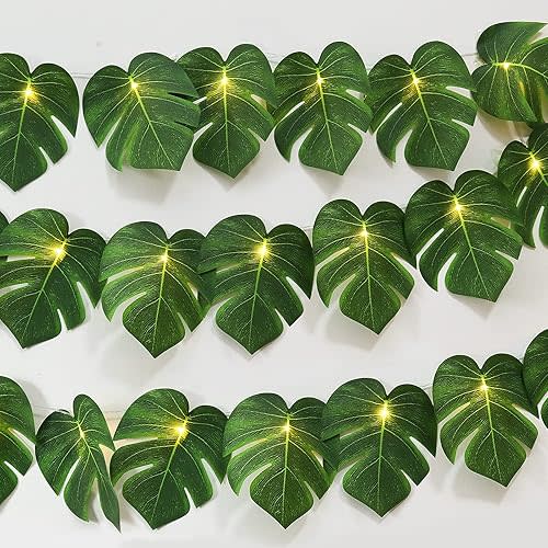 RECUTMS Artificial Tropical Palm Leaves String Lights, Large Size 20 LED Monstera Leaf Wall Hanging Vine Greenery,Outdoor Indoor Hawaiian Luau Jungle Beach Safari Baby Shower Party Spring Summer Decor