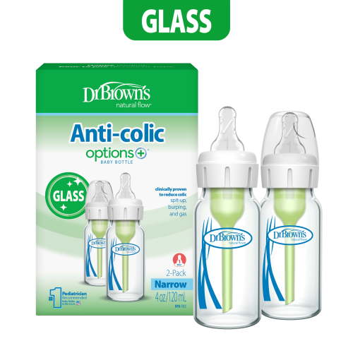 Dr. Brown's Anti-Colic Options+ Narrow Glass Baby Bottle, 4 oz, Slow Flow Nipple, BPA Free, 0m+, 2-Pack
