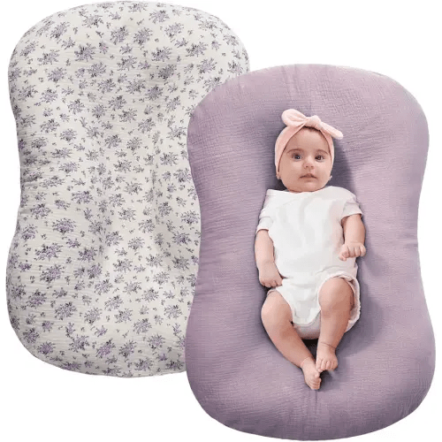 FUNUPUP Muslin Baby Lounger Cover Compatible with Snuggle Me Lounger, Infant Pillow Cover for Newborn, Removable Nest Slipcover for Boys and Girls, Only Cover, Purple&Purple Floral