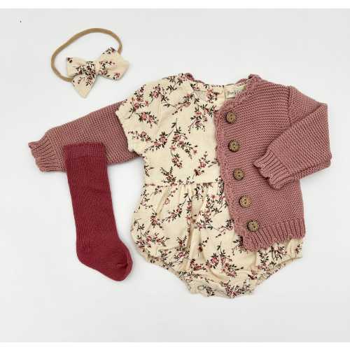 Baby Girl Cotton Floral Bubble Romper with Bow | Matching SET OPTIONS Socks Cardigan | Anessa