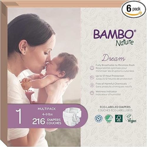 Bambo Nature Hypoallergenic Baby Diapers, Eco-Labelled Sustainable Diapers, Enhanced Leakage Protection, Totally Chlorine-free, Skin Friendly, and Super Absorbent - Size 1 (216 Count)