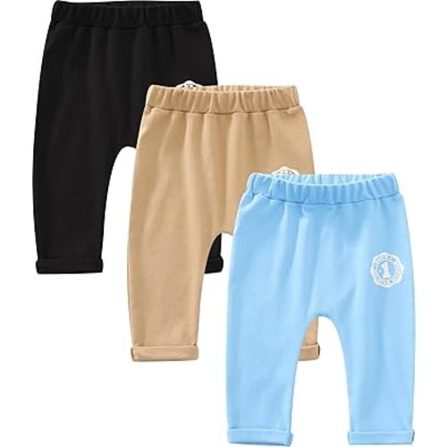 Baby Boys Cotton Pants, 3-Pack Sweatpants for 0-18 Months
