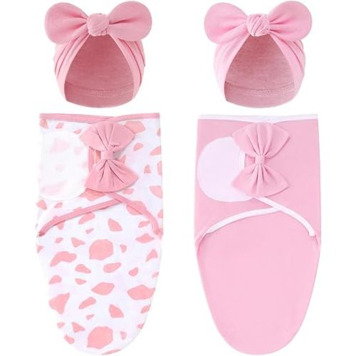 Cinaci 2 Pack Adjustable Soft Cotton Blend Newborn Baby Receiving Swaddle Blankets Sleep Sacks with Big Bow Hats Caps Beanies Bonnets for Baby Girls Newborns Infants (White Pink+Pink)