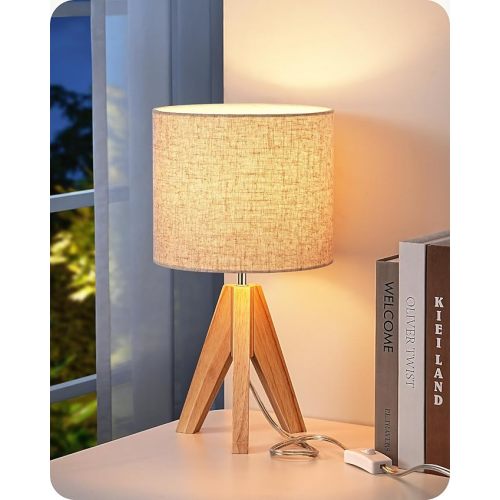 EDISHINE Small Table Lamp, Boho Bedside Lamp with Linen Fabric Shade, Wood Tripod Nightstand Lamp for Nursery, Living Room, Bedroom, Narrow End Table, UL Listed, 14.2 Inch, ON/Off Switch