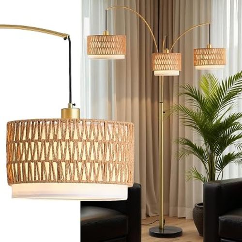 80'' Brushed Gold Rattan Arc Floor Lamp for Living Room, 3-Light Boho Lamp