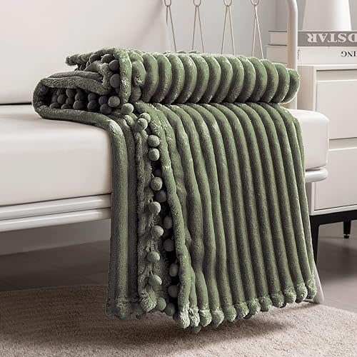 DISSA Fleece Blanket Throw Size – 51x63, Olive Green – Soft, Plush, Fluffy, Fuzzy, Warm, Cozy – Perfect Throw for Couch, Bed, Sofa - with Pompom Fringe - Flannel Blanket Throw Blanket