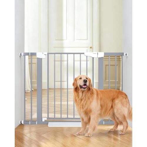 Cumbor 30-46" Baby Gate for Stairs, Gifts for Mom-Auto Close Dog Gate for The House, Easy Install Pressure Mounted Pet Gates for Doorways, Easy Walk Thru Wide Safety Gate for Dog, Gray