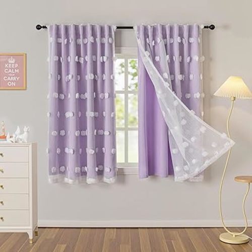 MYSKY HOME Purple Curtains for Girls Bedroom Nursery Curtain with White Pom Pom Sheer Window Drapes for Kids Room Back Tab Room Darkening Double Layer 54 Inches, Lilac, 52 x 54 Inch, 2 Panels