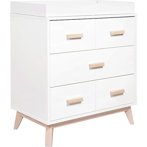 Babyletto Scoot 3-Drawer Changer Dresser with Removable Changing Tray in White and Washed Natural, Greenguard Gold Certified