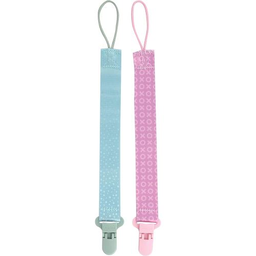 Nuby Pacifinder Baby Pacifier Clip - (2-Pack) - Pacifier Holder Clip with Convenient Hook Loop - Green Dots and Pink XOs