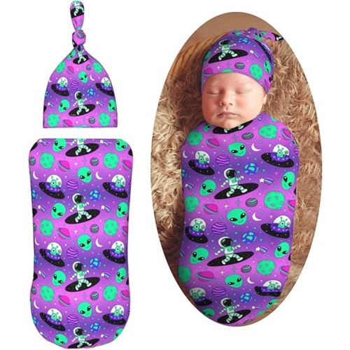 Astronauts and Alien Newborn Swaddle Blanket with Beanie Set Soft Baby Sleep Sack Stretch Adjustable Swaddle Wraps Receiving Blankets