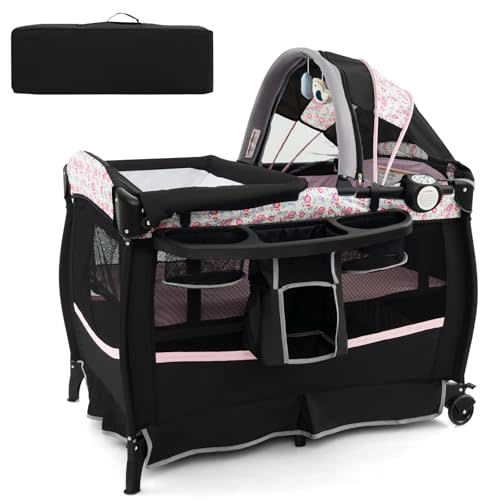 HONEY JOY Pack and Play, 4 in 1 Portable Baby Crib Playpen w/Bassinet, Changing Table, Canopy, Mattress, Music Box, Storage Bag, Foldable Pack and Play Nursery Center for Infant Boys Girls
