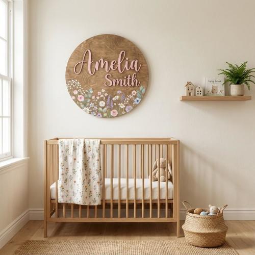 Custom Wildflower Name Sign, Round Nursery Decor, 3D Wooden Name Sign for Girl, Boho Flower Theme, Personalized Baby Gift, Floral Wreath