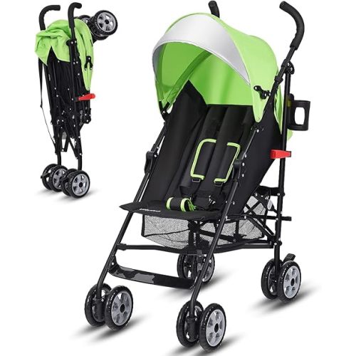 BABY JOY Lightweight & Compact Travel Stroller, Infant to Toddler, Adjustable Backrest & Canopy, Cup Holder, Storage Basket, 5-Point Harness, Easy Fold, Green
