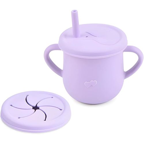 Samigo Silicone Baby Cup with Straw & Snack Lid – 5oz BPA-Free Silicone Toddler Cup with Handles – Soft Straw, Spill-Proof, Easy-Grip & Dishwasher Safe,Light Pink