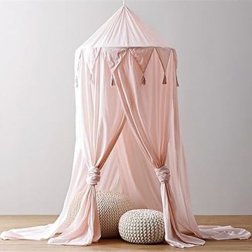YUAKOU Princess Bed Canopy for Girls, Pink Kids Bed Net Canopy, Dreamy Play Tent for Girls Room Decor, Reading Nook Canopy for Children, Breathable Hanging Chiffon Dome Mosquito Net