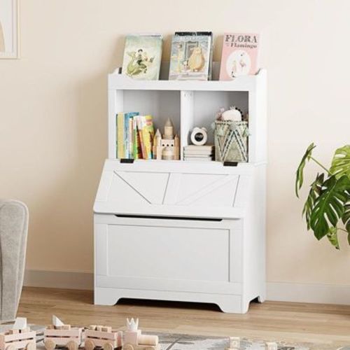 Coolmee 47.8 inch Wooden Kids Bookcase with Flip-Top Lid, Boys Girls Toy Storage Organizer for Playroom, Bedroom, Nursery, and Kindergarten