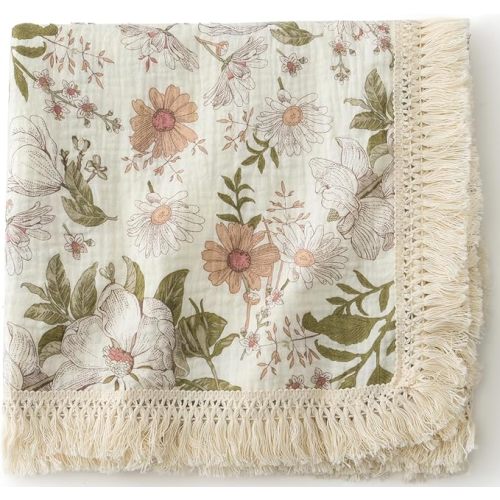 Cotton Muslin Swaddle Blankets with Tassel, Boho Bohimia Muslin Baby Blanket Neutral with Fringe, Vintage Teddy Bear Nursery Decor Muslin Throw Blanket 47" x40" (Vintage Blossom)