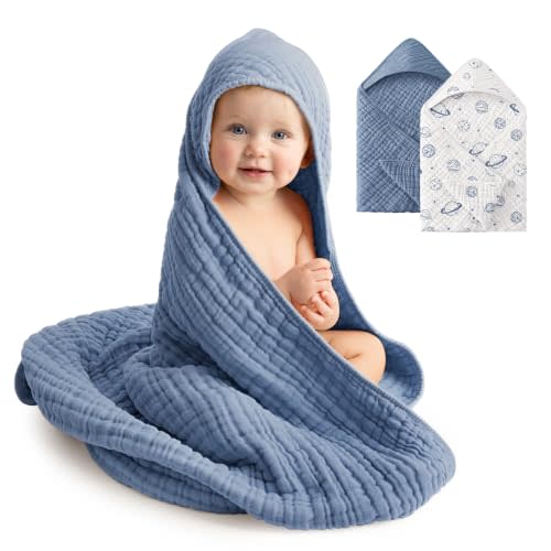 Baby Bath Towels, 100% Muslin Cotton Hooded Baby Towels for Newborn, 2 Pack Baby Towels with Hood for Infant Toddler and Kids, Large 32x32Inch Bath Essentials, Soft and Absorbent Blue Planet