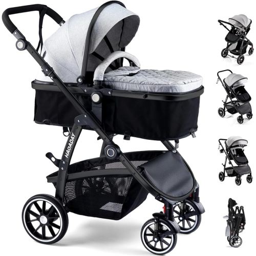 Baby Stroller, 2-in-1 Reversible ToddlerSeat with Lie-Flat Mode, Foldable Infant Stroller with Canopy, One Button Brake, Adjustable Handle, Newborn Pushchair (Gray B)