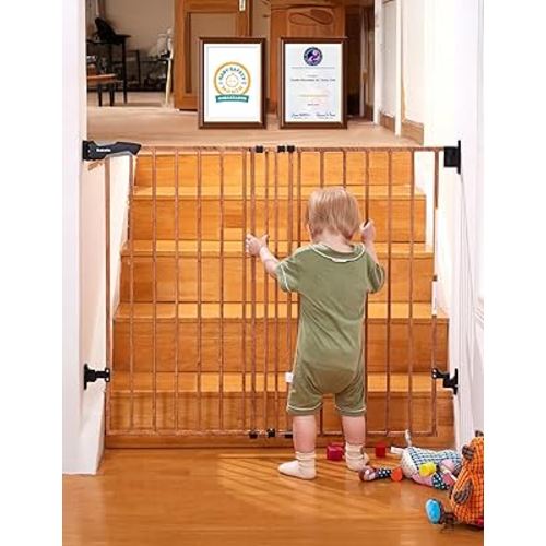 Babelio 34" Extra Tall Baby/Dog Gate with No Threshold Design Walk Thru Door, 26-43" Auto Close Safety Gate for Babies, Elders and Pets, Fits Doorways, Stairs, and Entryways, Brown Wood Pattern