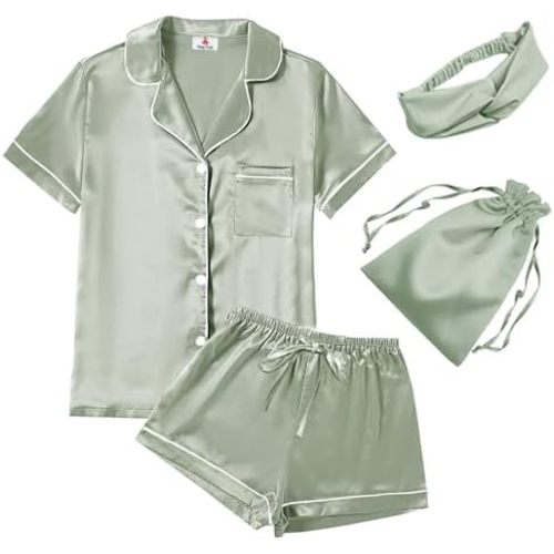 Womens Satin Silky Pajama Sets Short Sleeve Shirt XS-4XL Floral Pajamas Set Soft PJ Loungewear Sleepwear