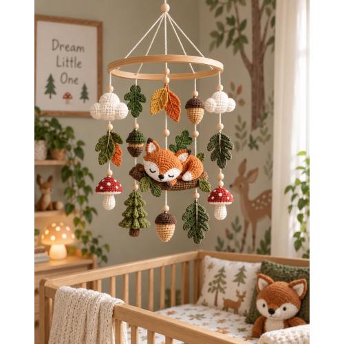 Crochet Fox Baby Mobile, Woodland Crib Mobile, Forest Nursery Decor, Fox Nursery Mobile, Boho Baby Shower Gift