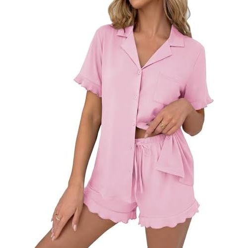Ekouaer Pajamas Set for Women Button Down Pjs Lounge Sets Ruffle Short Sleeve Sleepwear Cute Loungewear