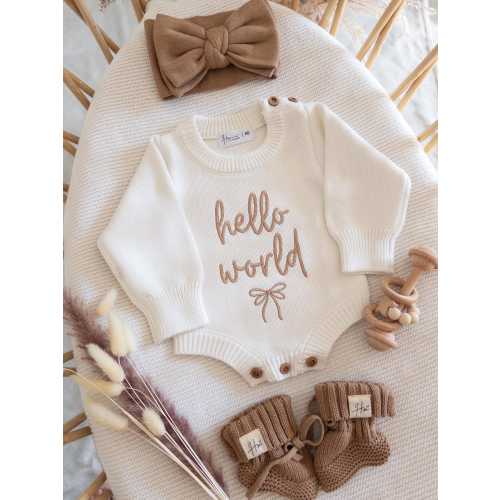 Embroidered Hello World Newborn Romper Set: 100% Cotton Outfit