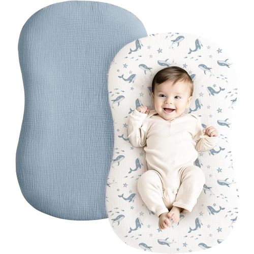 Konssy Muslin Baby Lounger Cover 2 Pack, 100% Cotton Newborn Lounger, Soft and Breathable for Boys Girls, Covers Only (Blue Whale, Blue)