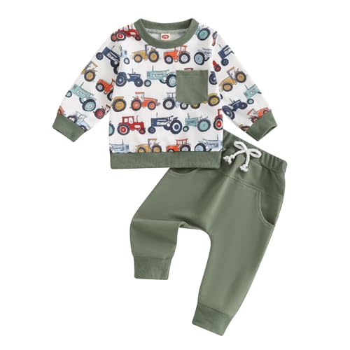 COORALLY 2Pcs Baby Boy Farm Outfits Long Sleeve Tractor Print Pocket Sweatshirt Pants Set Toddler Boy Tracksuit Clothes Set