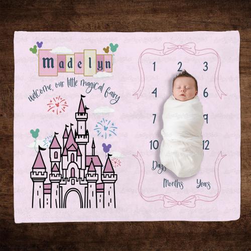 Personalized Disney Castle Milestone blanket, Disneyland Princess Castle Baby Shower Blanket, Magic Kingdom Castle Baby Girl Gift Blanket