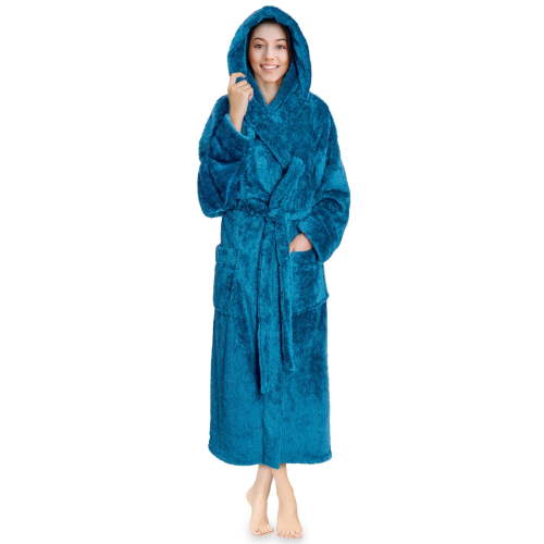 PAVILIA Women Hooded Plush Soft Robe | Fluffy Warm Fleece Sherpa Shaggy Bathrobe (L/XL, Turquoise Blue)