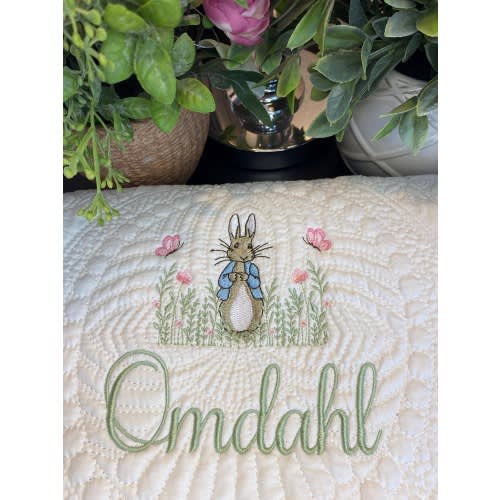 Personalized Embroidered Heirloom Quilt, Nursery Bedding, Bunny Rabbit Name Blanket, Baby Shower, Newborn Gift, Peter Pink Flowers Butterfly