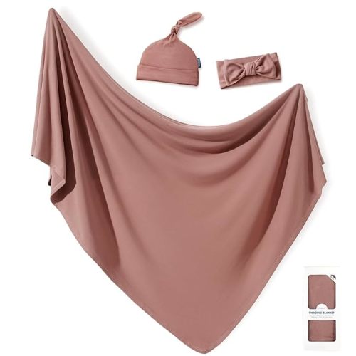 GRSSDER Newborn Swaddle Blanket, Ultra Soft Jersey Receiving Blanket with Matching Headband and Beanie Set 33×44", Stretchy Baby Neutral Swaddle Wrap for Girls and Boys