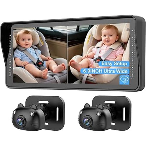 Dual Baby Car Camera for 2 Kids - 6.9'' Split Screen Ultrawide HD Display with Two Cameras, Easy Setup, Rotatable Night Vision Cameras, Ideal for Parents, Grandparents, Safe & Clear Viewing