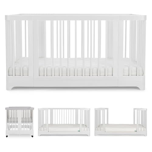 Newton Nest Convertible Crib for Baby and Toddler, Converts from Bassinet to Crib to Toddler Bed, Greenguard Gold, Wheels for Easy Movement, Solid Beech Wood Non-Toxic Finish - White