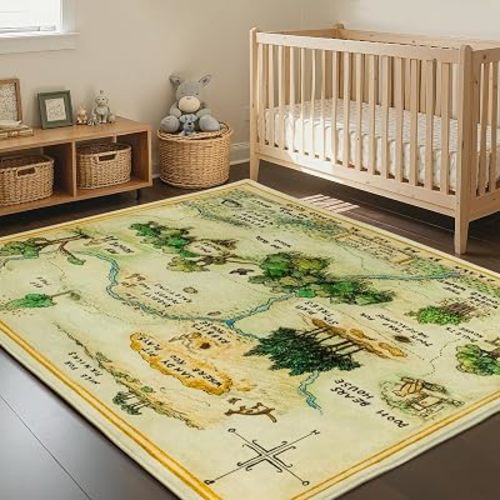 6x9 Woodland Nursery Rug, Non-Slip Hundred Acre Wood Rug, Dark Green