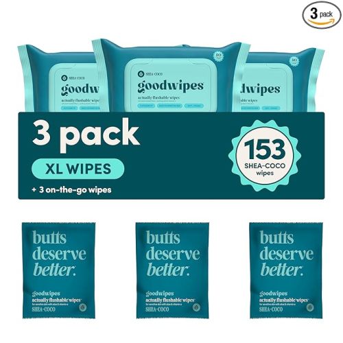 goodwipes Flushable Butt Wipes - Vitamin E & Aloe - Sewer & Septic Safe - Extra Large Adult Wet Wipes For Women & Men - Bathroom Essentials - Shea-Coco, 153 Count (3 Packs + 3 Individually Wrapped)