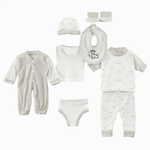 NOLDARES Newborn Layette Gift Set 8Piece Baby Boy Girl Clothes Bodysuits, Pants Essentials and Accessories Outfits(A090-Grey)