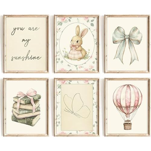Vintage Nursery Wall Art Baby Girl Room Canvas Wall Decor Pink Flower Bunny Pictures Nursery Bow Art Prints Girl Butterfly Poster Vintage Floral Artwork for Children Bedroom 8x10 Inch Unframed 6pcs